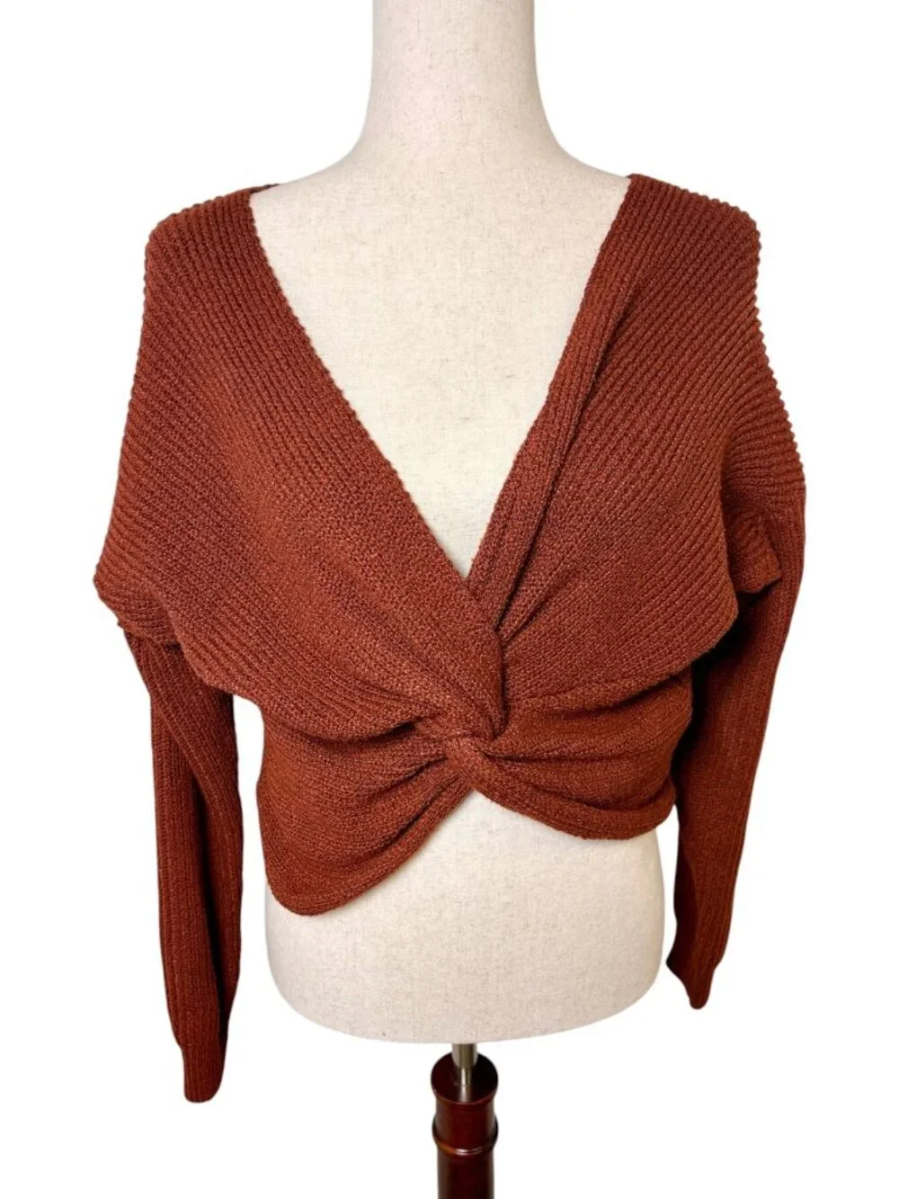 Rust Brown Twist Front Cropped Dolman Sleeve Knit Sweater Medium
